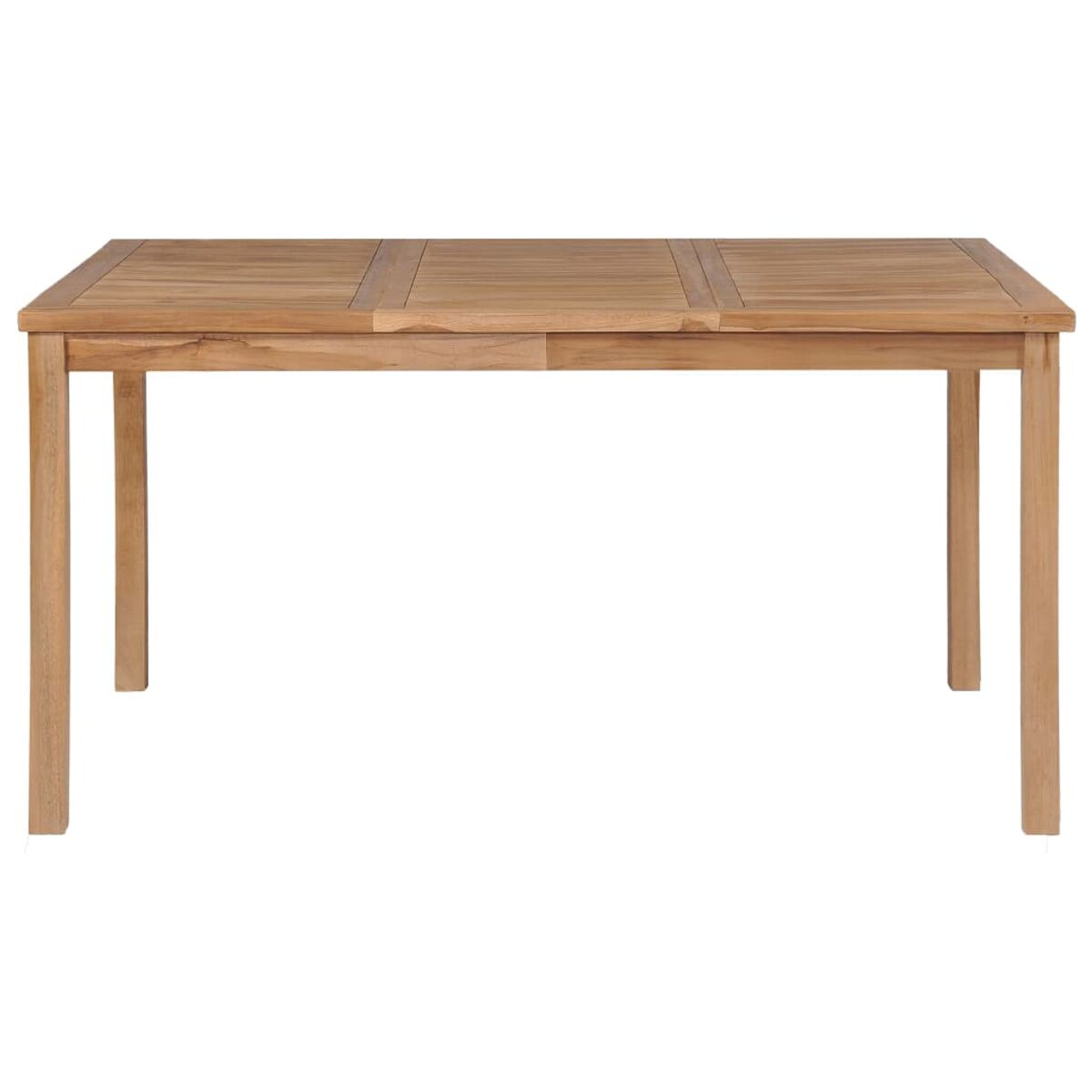 Ein rechteckiger Esstisch aus Holz für den Außenbereich mit Mittelteil und Beinen.