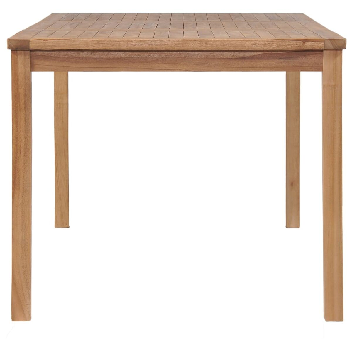 Ein rechteckiger Holztisch mit vier Beinen. Die Tischplatte hat ein Lattenrostdesign.