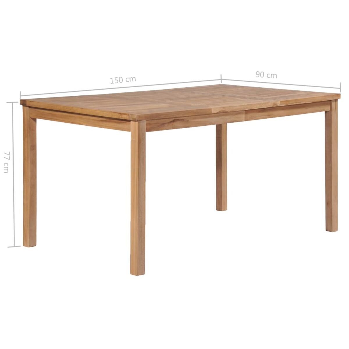 Rechteckiger Holztisch mit vier Beinen, Maße sichtbar. Teakholz.