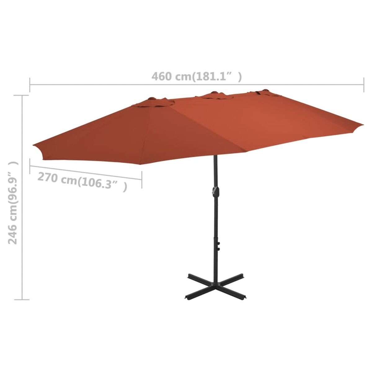 Oranger Sonnenschirm für die Terrasse mit Maßen. Der Schirm hat einen schwarzen Fuß und einen weißen Hintergrund.