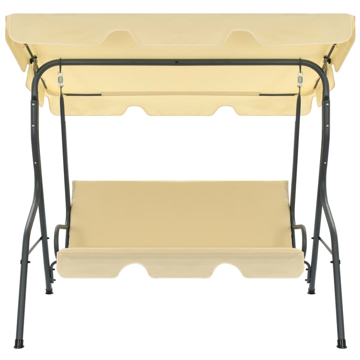 Beige Schaukel mit Baldachin. Dunkler Metallrahmen und beiger Sitz.