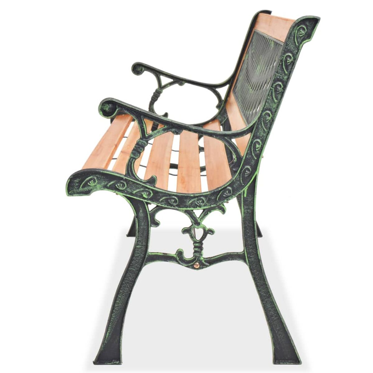 Seitenansicht einer Holzbank mit grünem, ornamentalem Metallrahmen. Holzlatten.