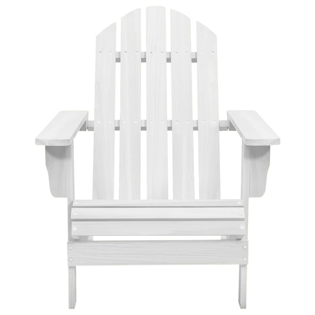 Weißer Adirondack-Stuhl auf weißem Hintergrund. Lattenrücken und -sitz, Armlehnen.
