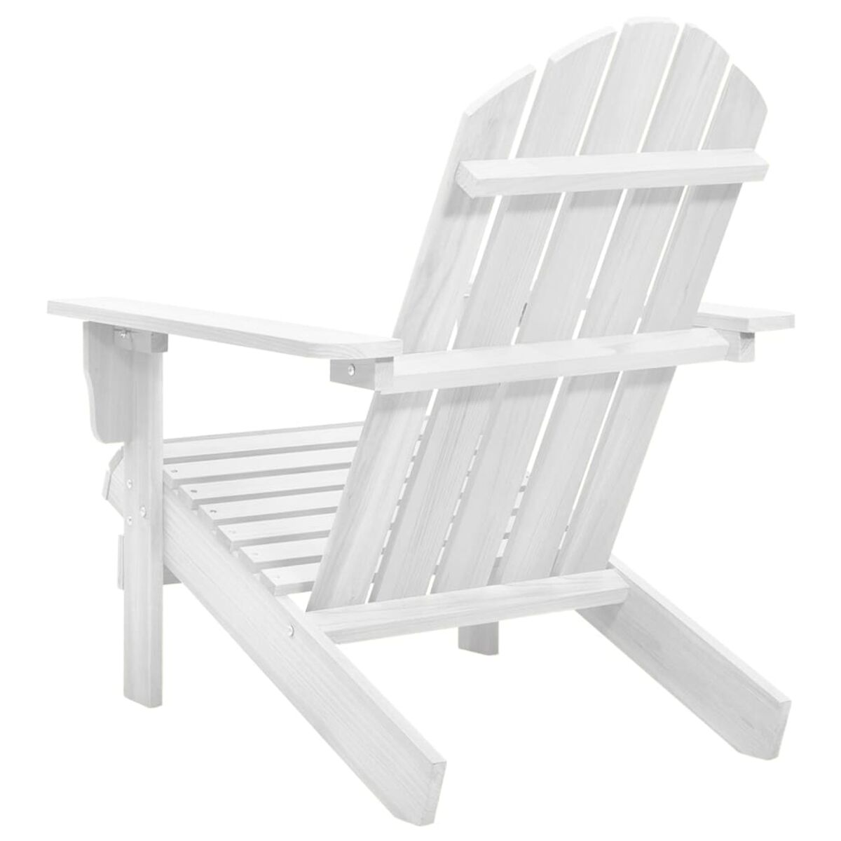 Weißer Adirondack-Stuhl aus Holz, Rückansicht, Lamellen und Armlehnen sichtbar.