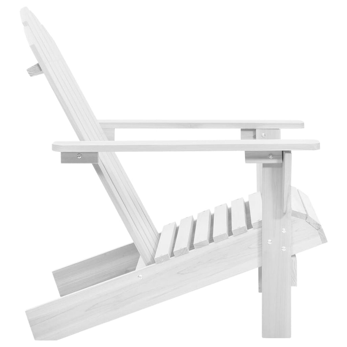 Ein weißer Adirondack-Stuhl von der Seite, mit Lattenrost und Rückenlehne sowie Armlehnen.