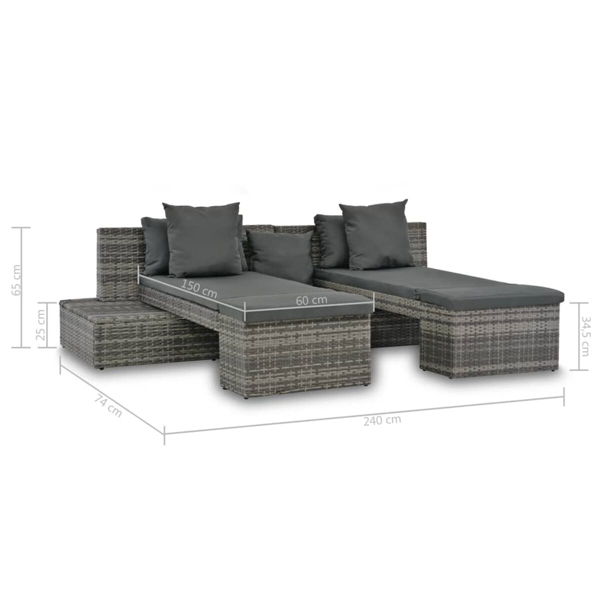 Rattan-Sitzgruppe für den Außenbereich mit grauen Kissen. Enthält eine Chaiselongue und eine Ottomane.