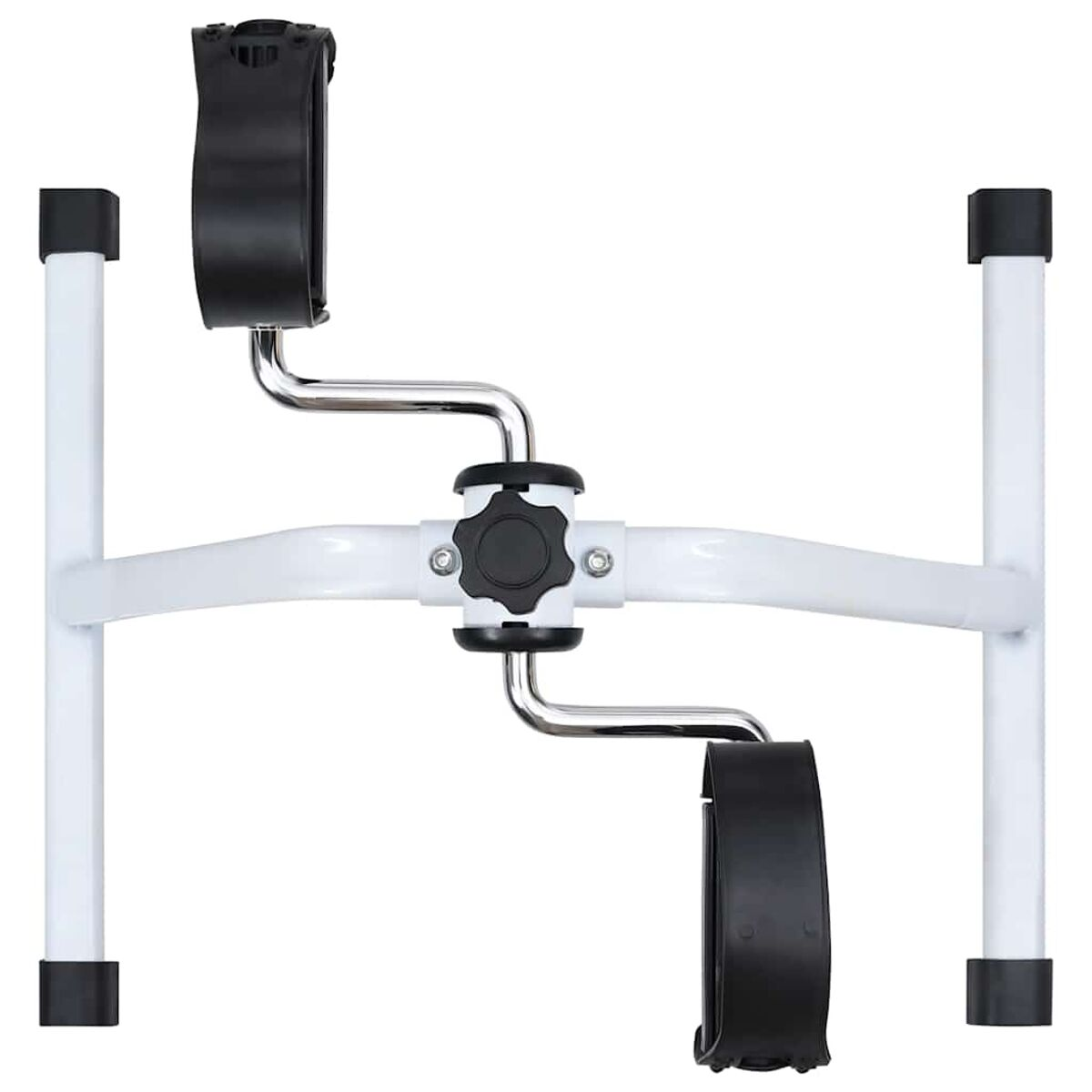 Weiß-schwarzer Pedal-Trainer. Es hat Fußschlaufen und befindet sich auf weißem Hintergrund.