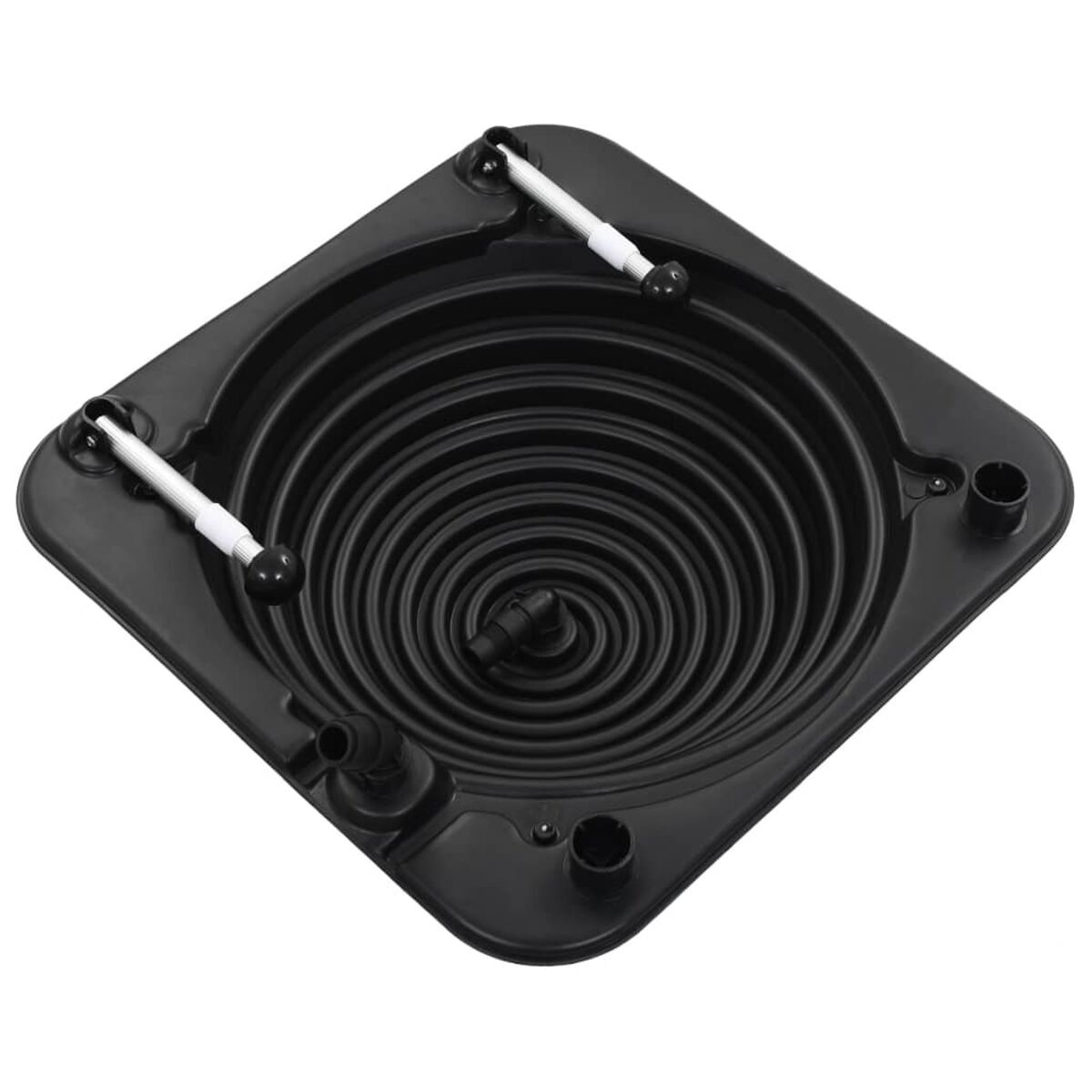 Schwarzer quadratischer Behälter mit einer Spiralstruktur. Enthält zwei weiße Schrauben und Anschlüsse oben.