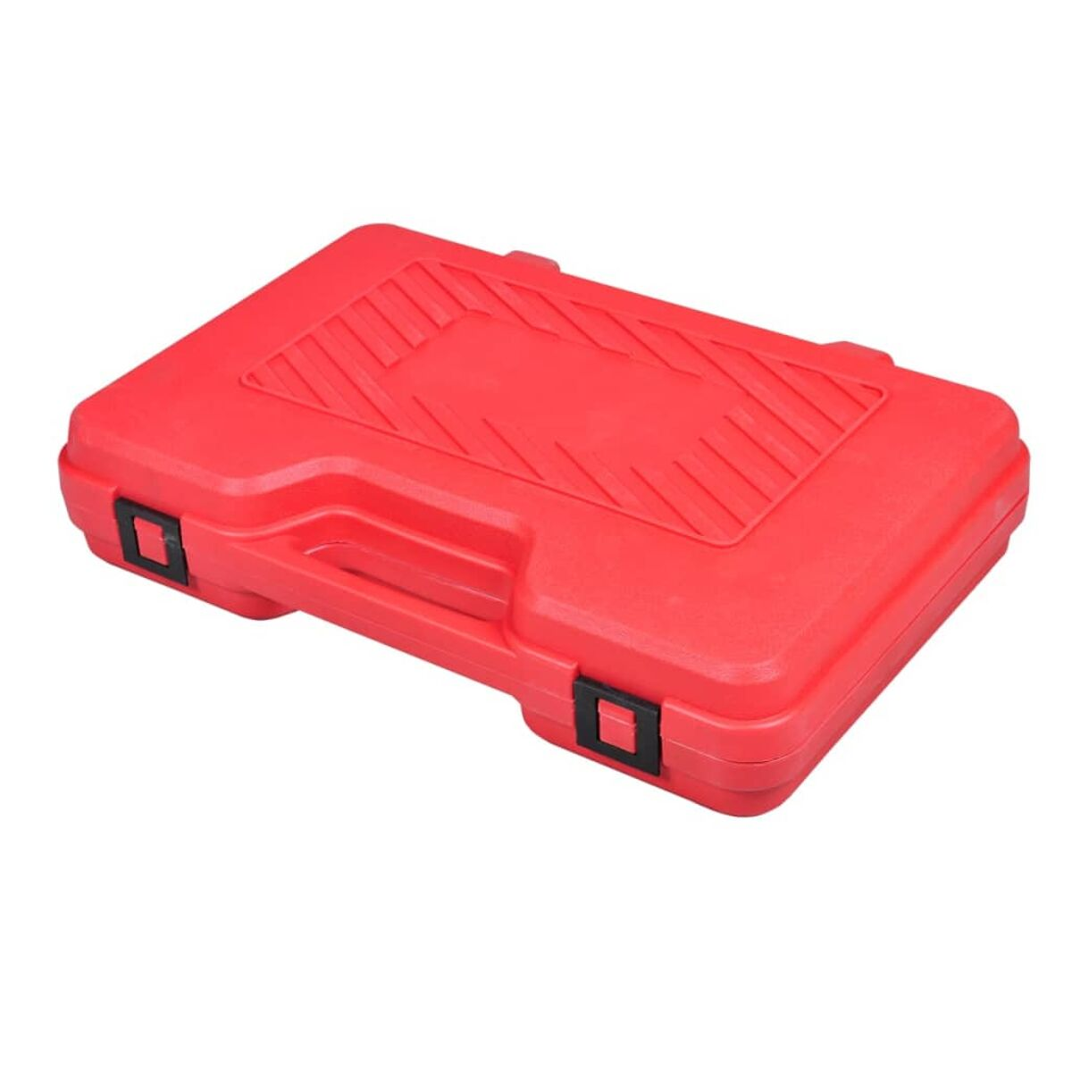 Ein roter Werkzeugkoffer mit schwarzen Verschlüssen, aus einem Winkel betrachtet.