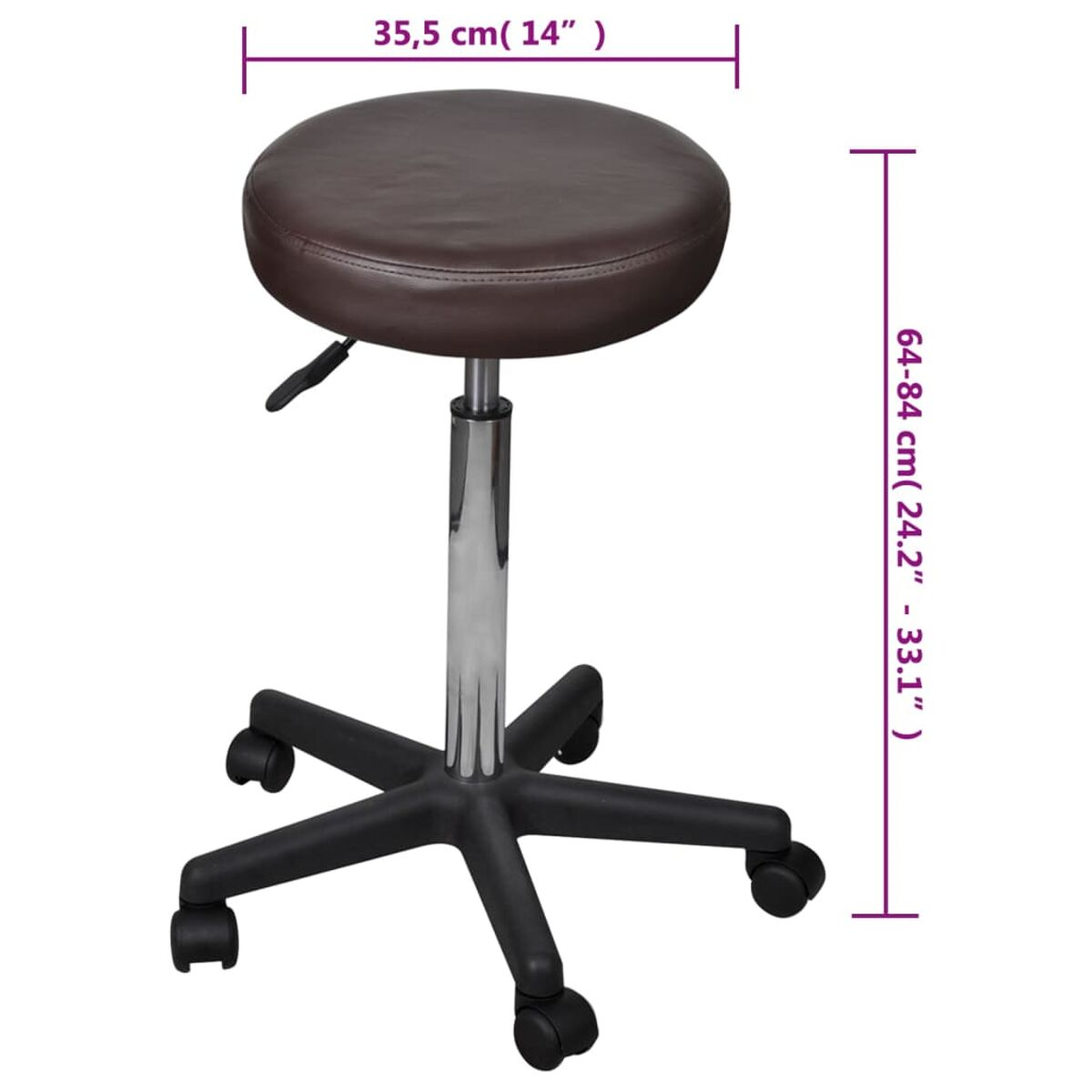 Brauner Hocker auf Rädern. Maße in cm und Zoll. Weißer Hintergrund.