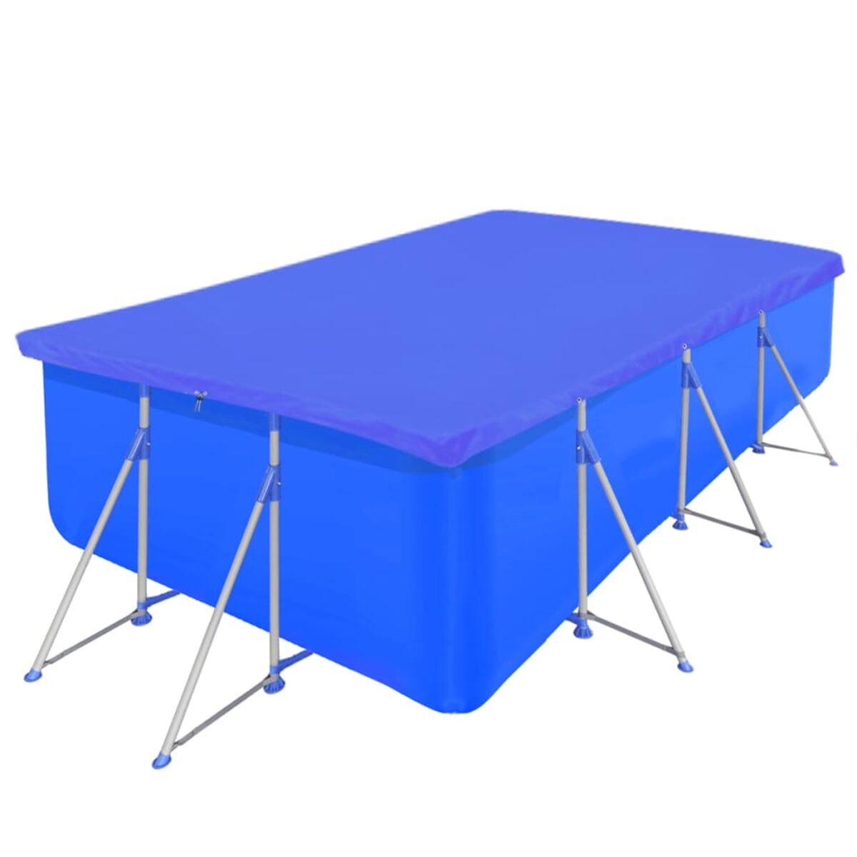 Eine blaue rechteckige Poolabdeckung. Sie ist über einem Poolrahmen gespannt, mit sichtbaren Stützbeinen.
