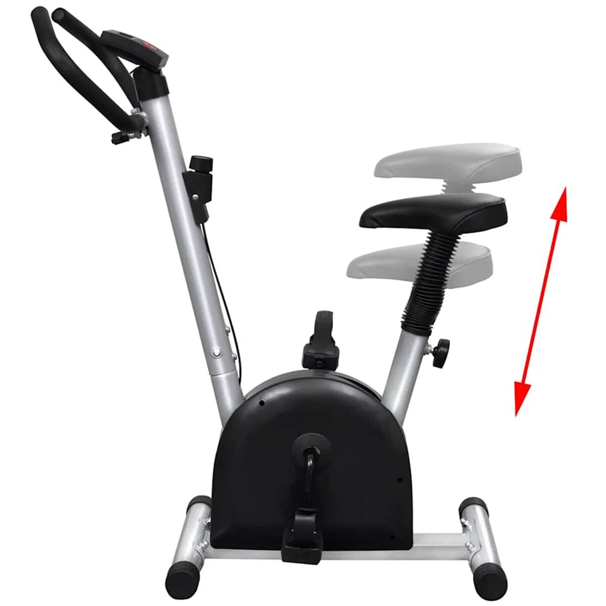 Ein Heimtrainer mit schwarzem Gehäuse, silbernem Rahmen und einem Sitz, der sich auf und ab bewegt.
