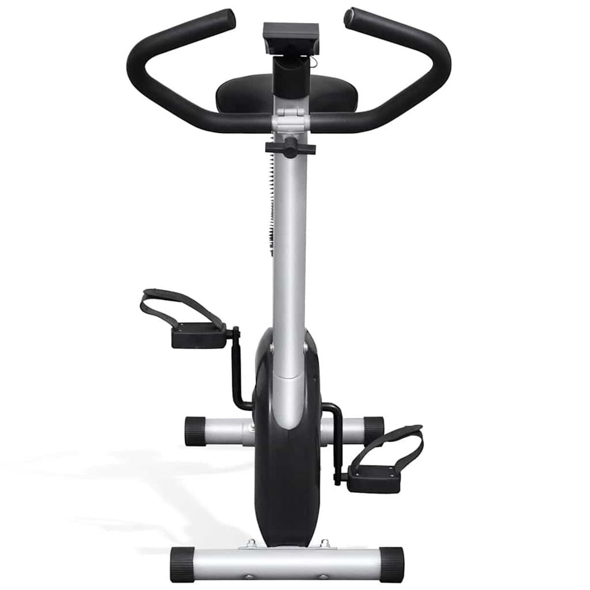 Ergometer, silber und schwarz, Griffe und Pedale.