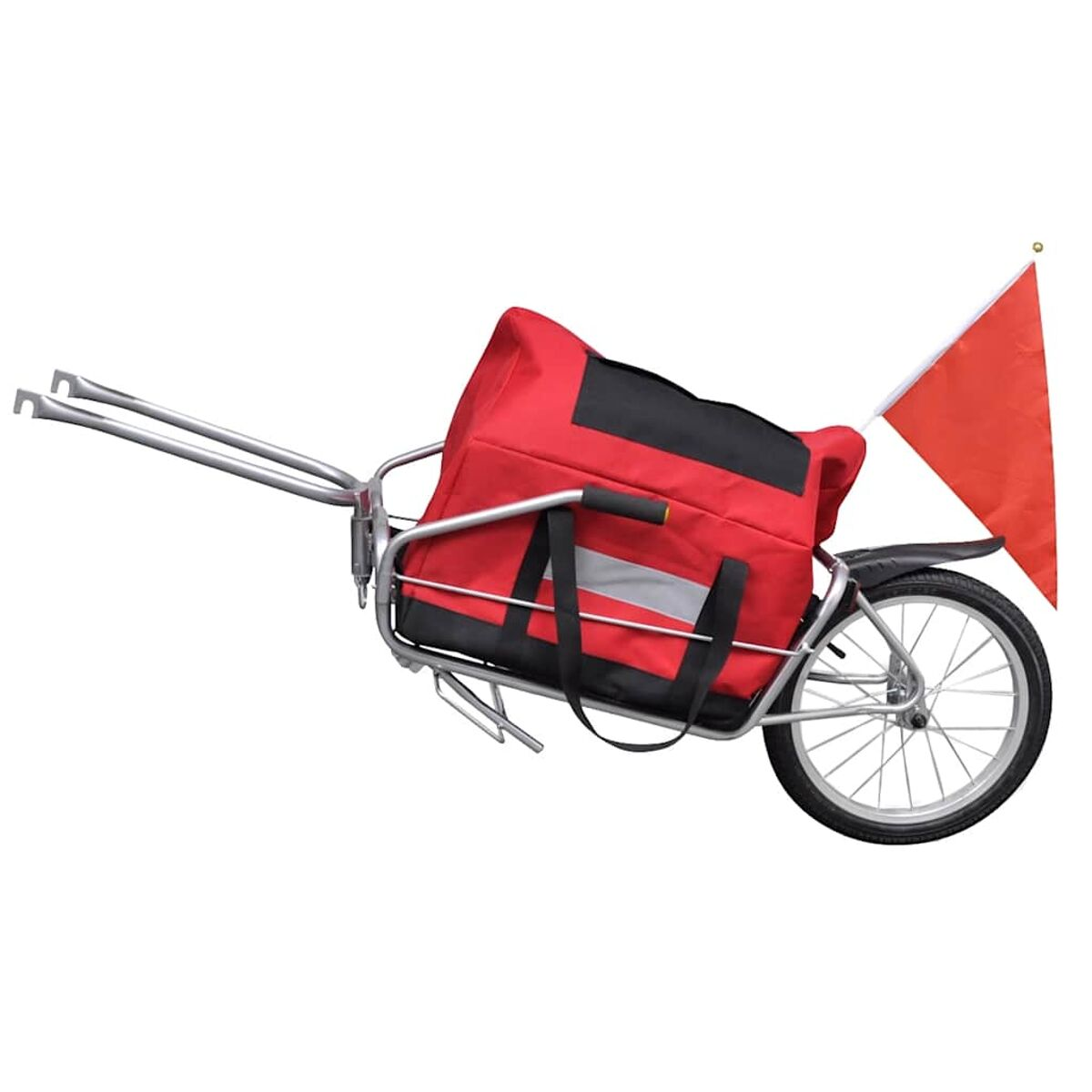 Roter und schwarzer Lastenanhänger mit roter Flagge und einem einzelnen Rad.
