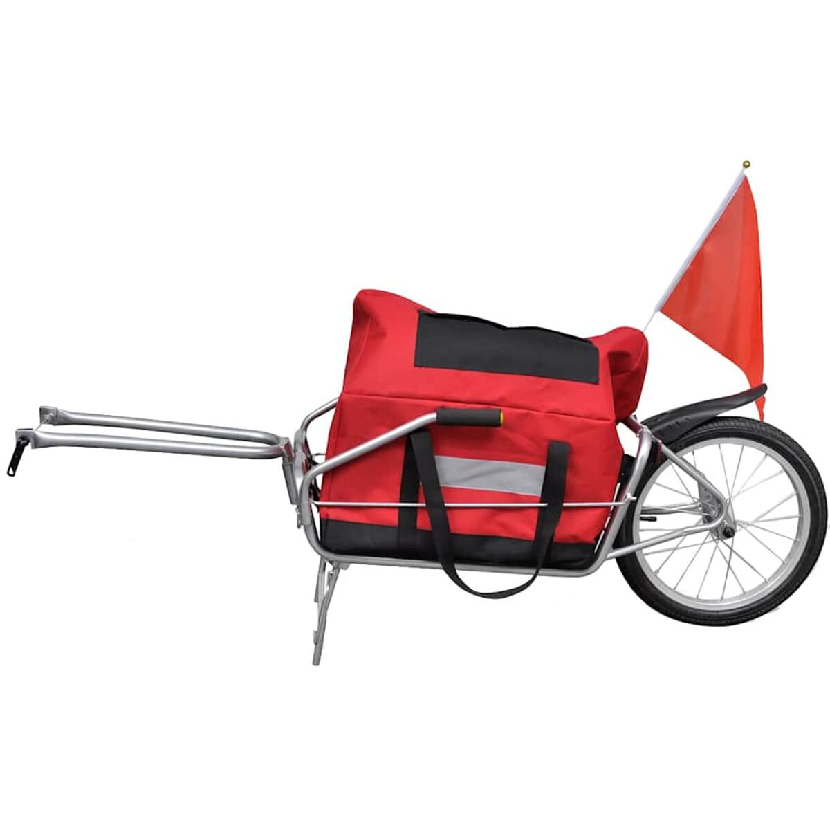 Ein roter Fahrradanhänger mit roter Tasche, Fahne und einem Rad.