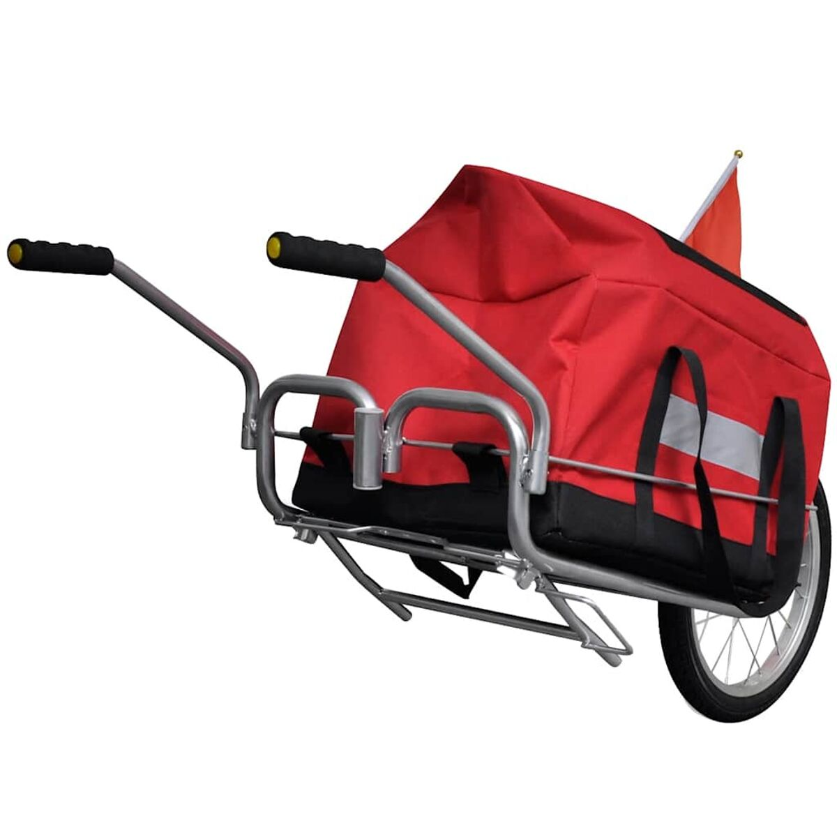 Silberner Metall-Lastenwagen mit rotem Stofffach und kleiner orangefarbener Flagge. Schwarze Griffe oben.