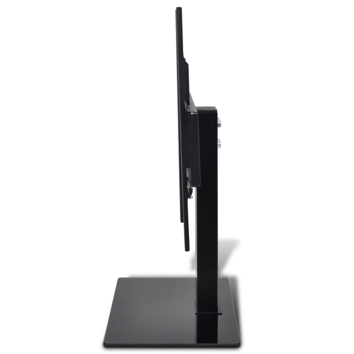 Ein schwarzer TV-Ständer mit flacher Basis trägt einen Bildschirm, Seitenansicht, weißer Hintergrund.