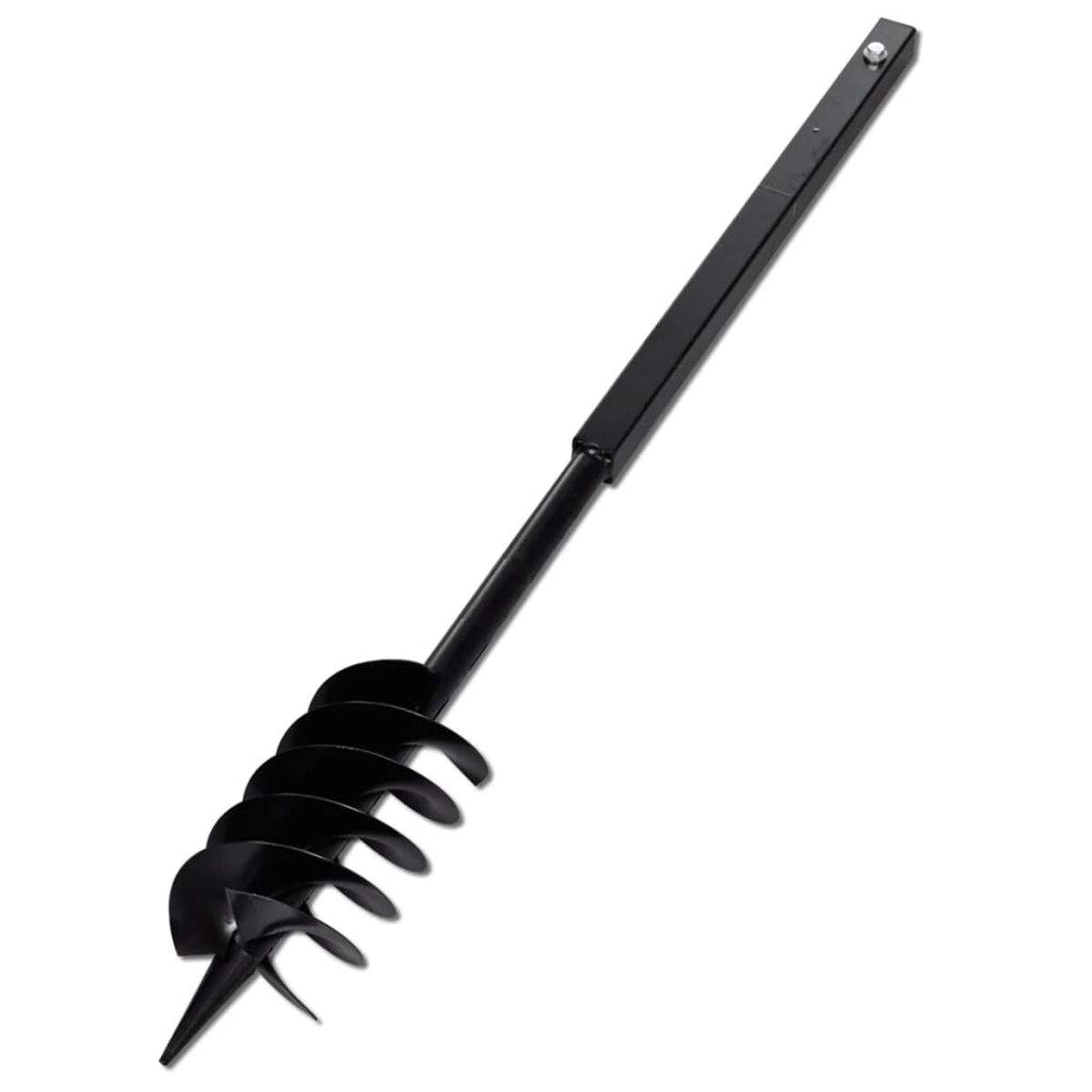 Ein schwarzer Erdbohrer-Bohrer mit einem spiralförmigen Design und einer spitzen Spitze.