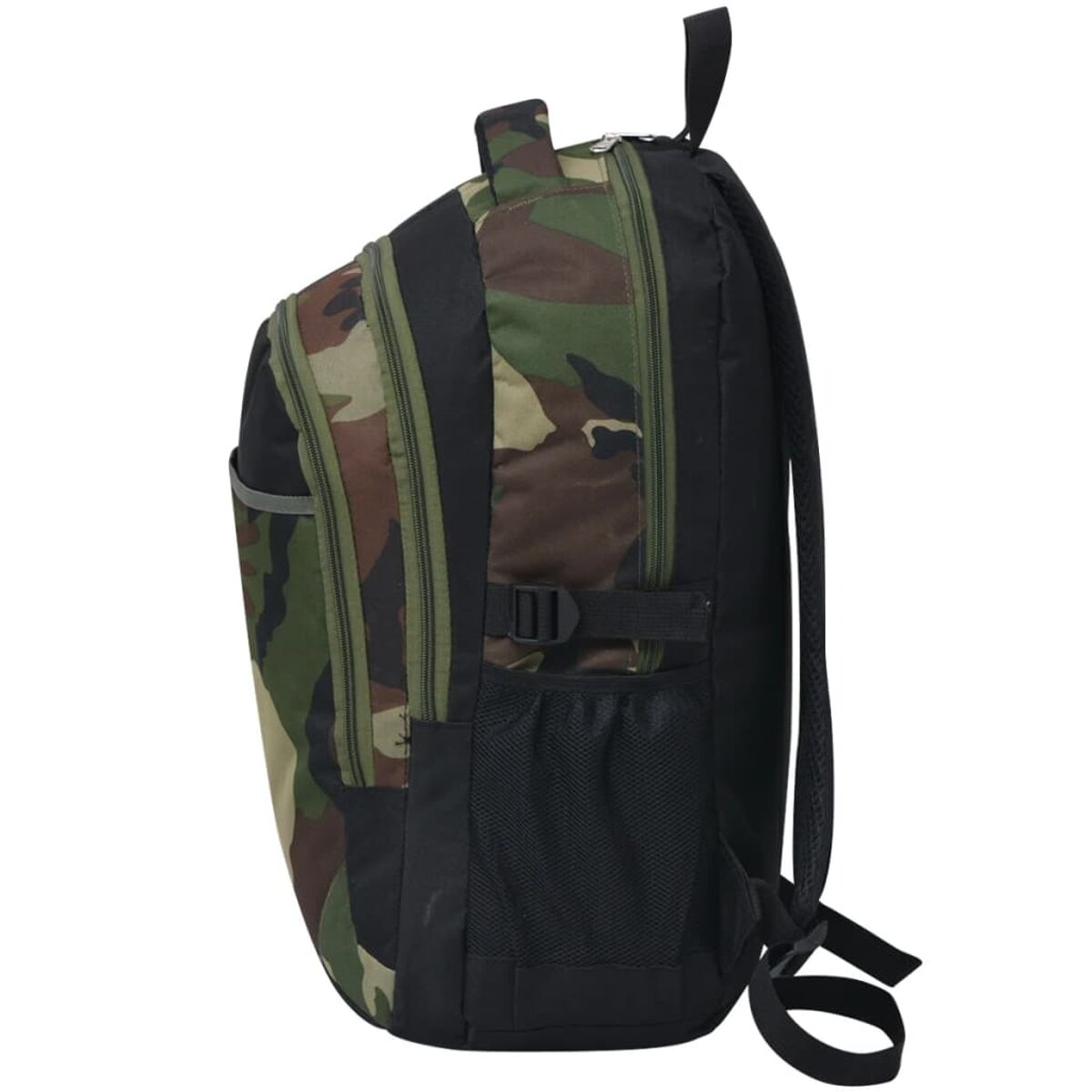 Ein Tarnrucksack mit schwarzen Akzenten. Eine Seitenansicht des Rucksacks.