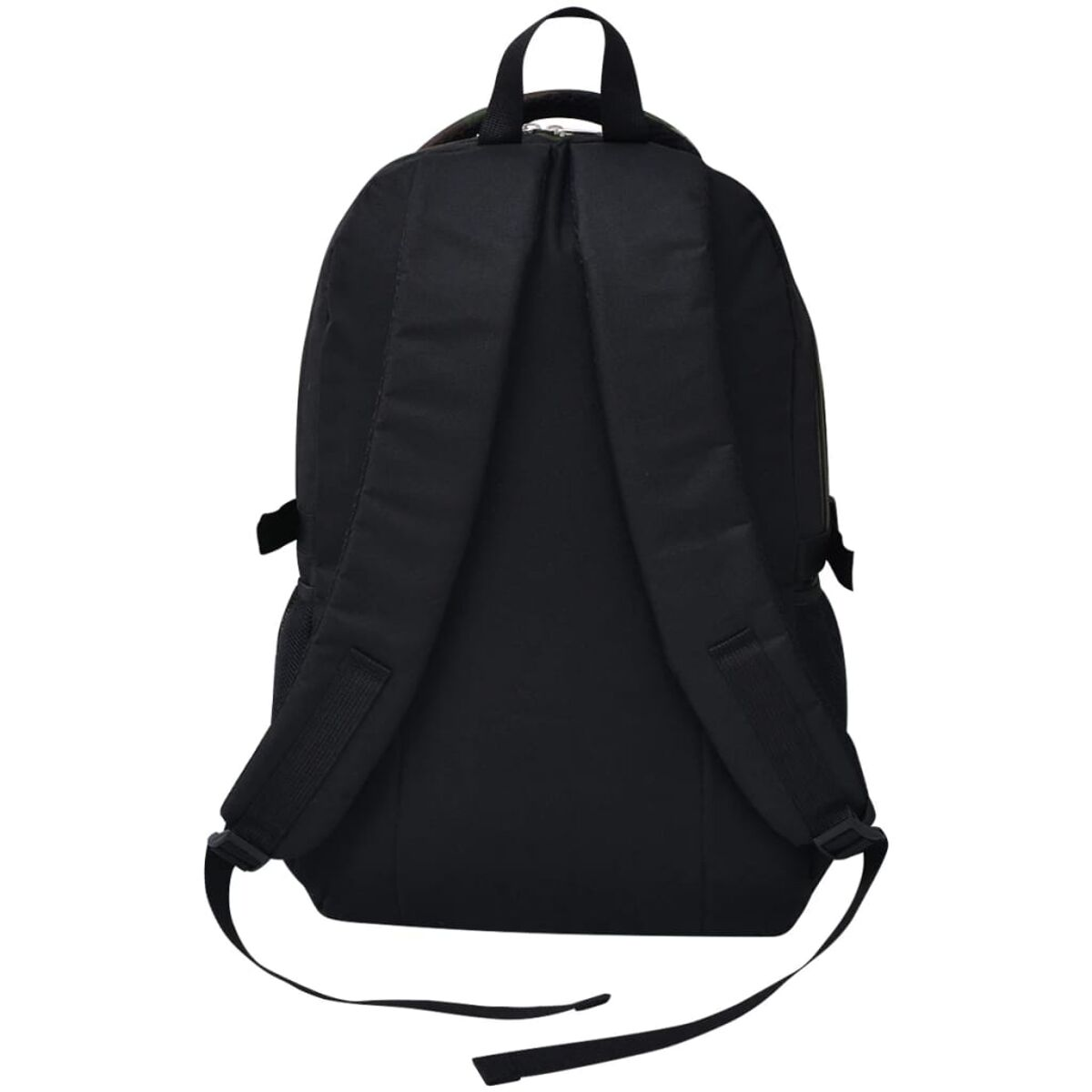 Schwarzer Rucksack, Rückansicht, mit Trägern.