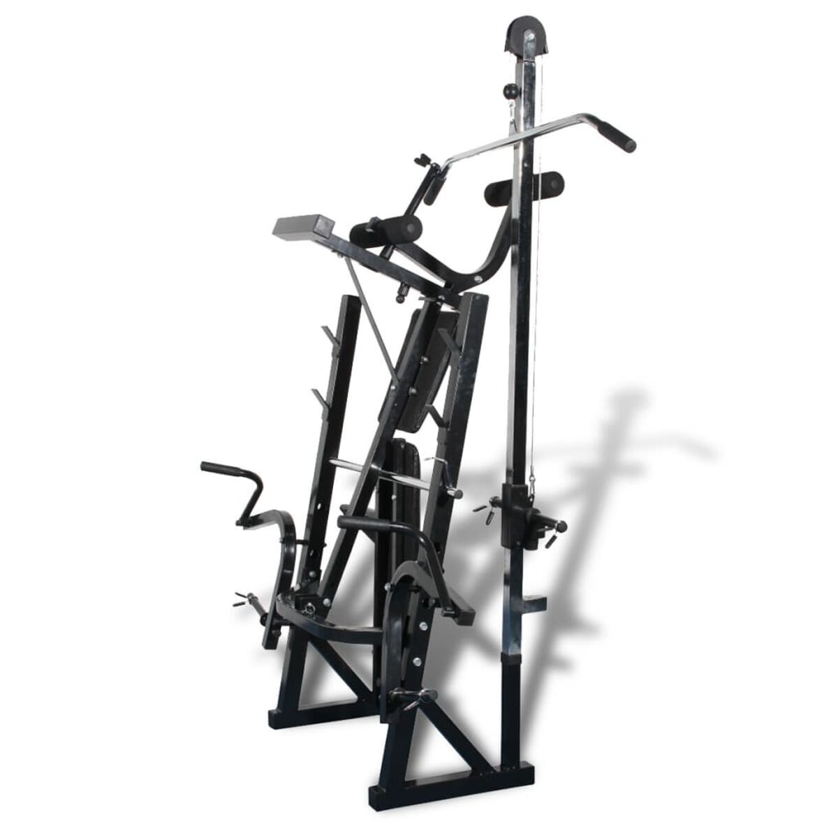 Schwarze Krafttrainingsmaschine mit mehreren Übungsstationen.