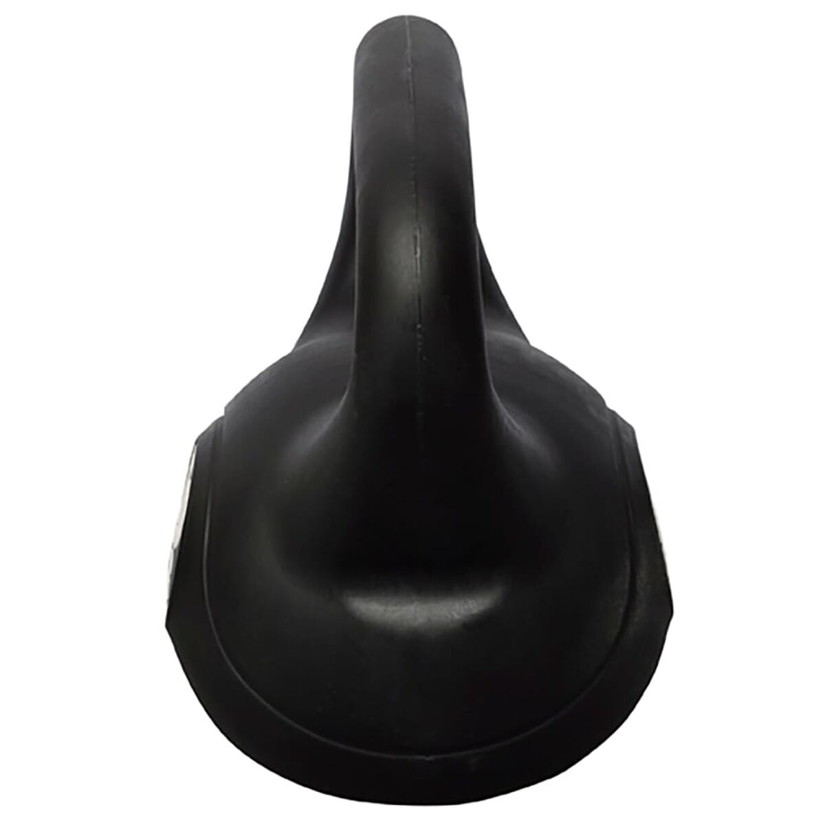 Schwarze Kettlebell, Draufsicht. Es hat einen Griff. Der Hintergrund ist weiß.