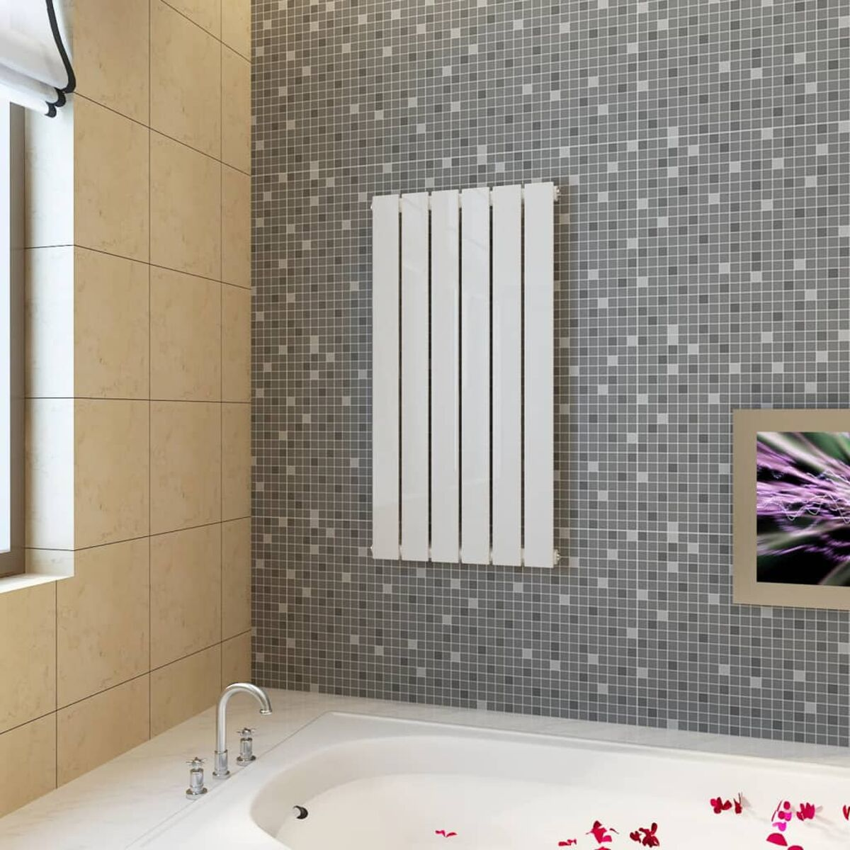 Scena bagno con radiatore bianco, vasca da bagno e finestra. Lo sfondo presenta piastrelle a mosaico.