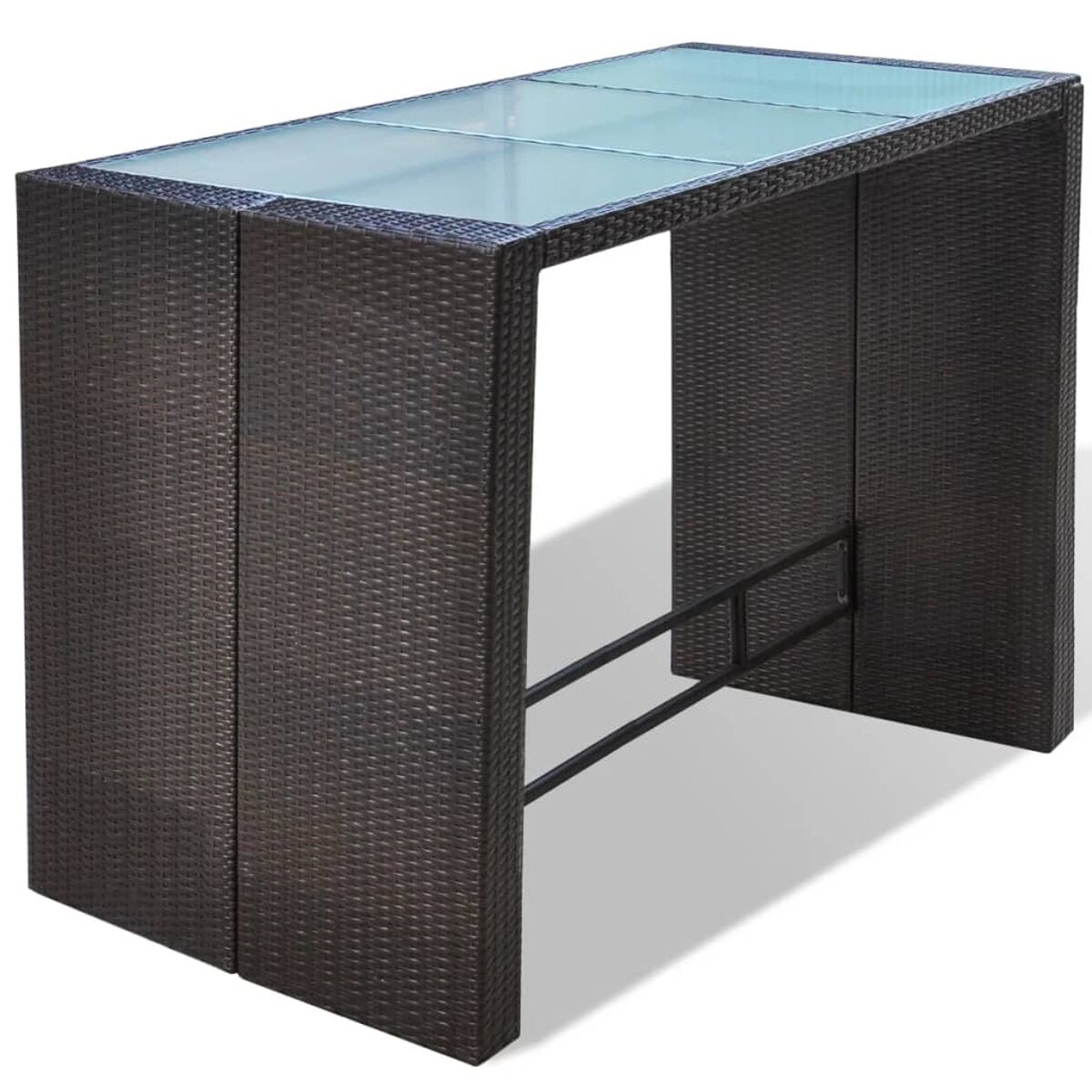 Ein brauner Korbtisch mit Glasplatte. Schwarze Metallstütze darunter.