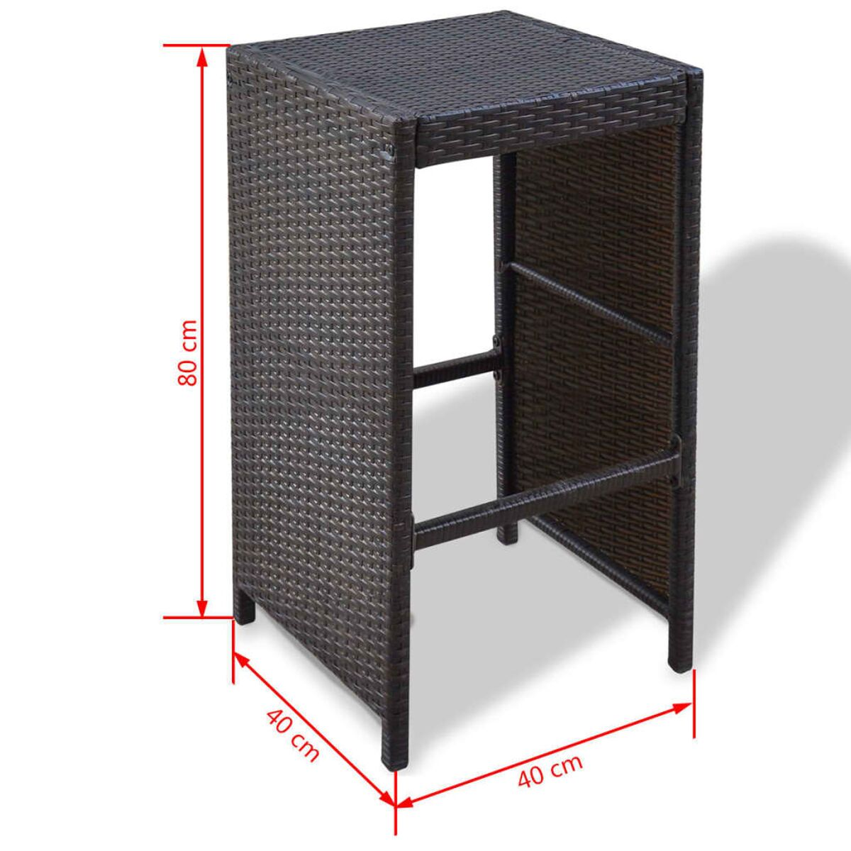 Ein brauner Rattan-Bartisch mit Größenangaben. Weißer Hintergrund, Maße in Zentimetern.