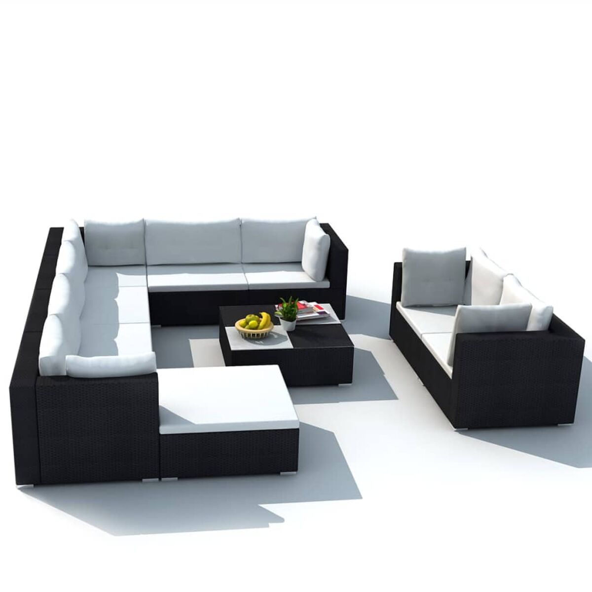 Schwarz-weißes Gartenmöbelset, einschließlich Sofa und Couchtisch. Weißer Hintergrund.