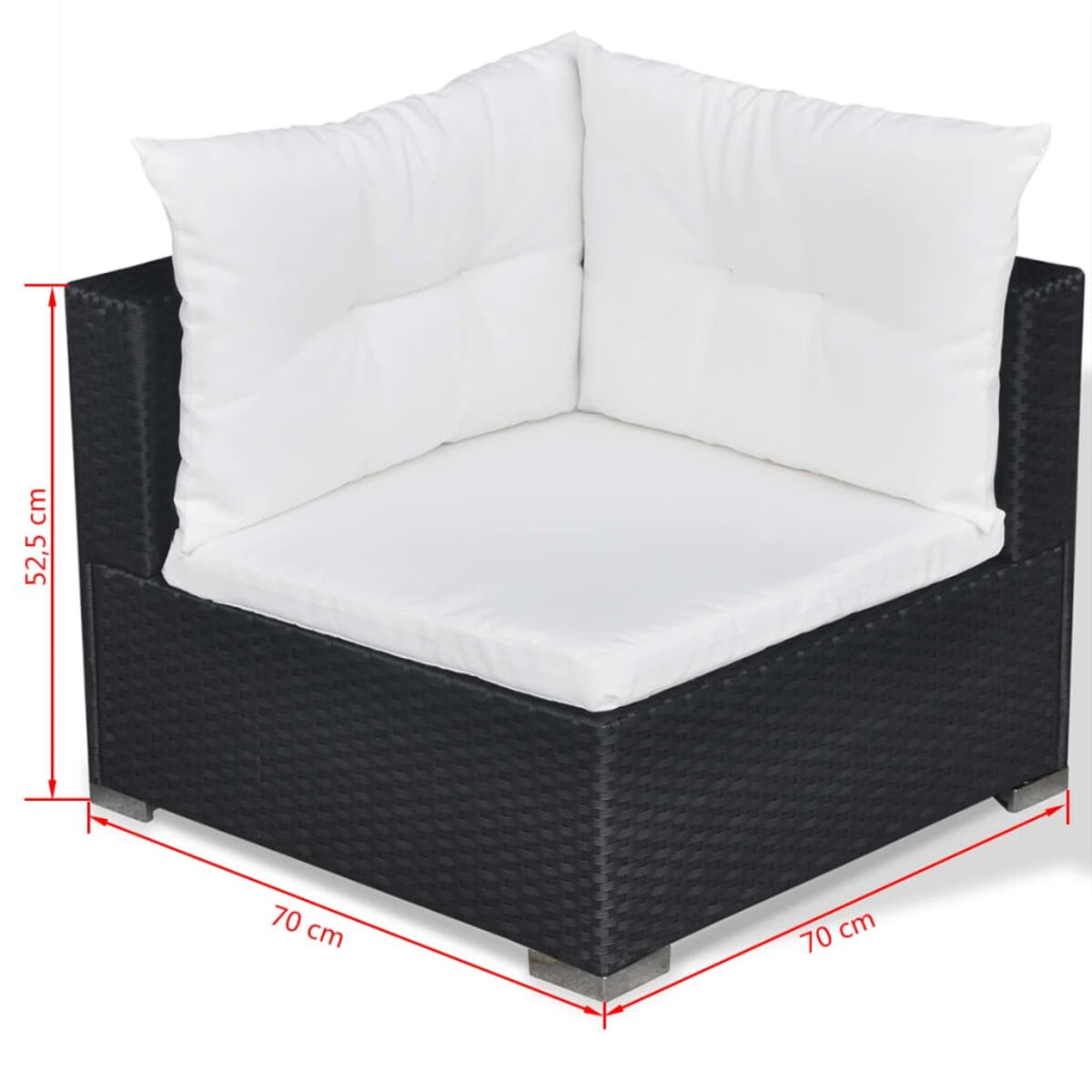 Ein schwarzes Ecksofa aus Rattan mit weißen Kissen. Abmessungen: 70x70x52,5 cm.