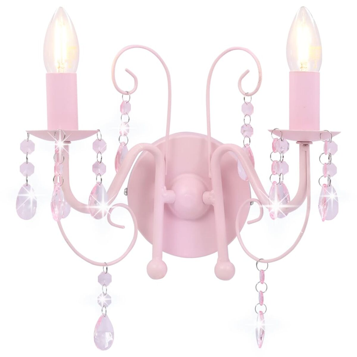 Rosafarbene dekorative Wandlampe mit zwei kerzenförmigen Lichtern und hängenden rosa Kristallen.