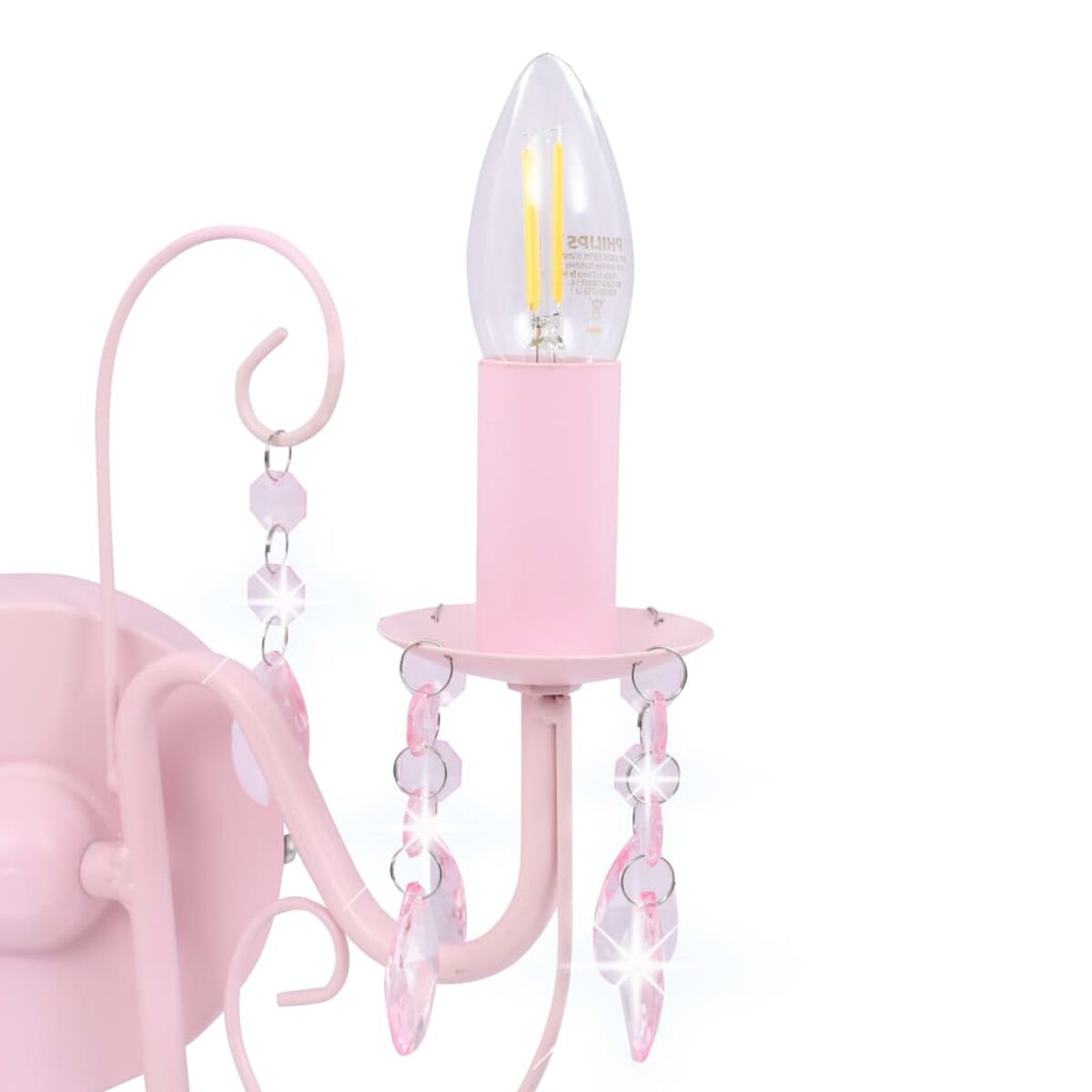 Rosafarbene Wandlampe mit klarer Glühbirne, Kristallakzenten und geschwungenem Design.