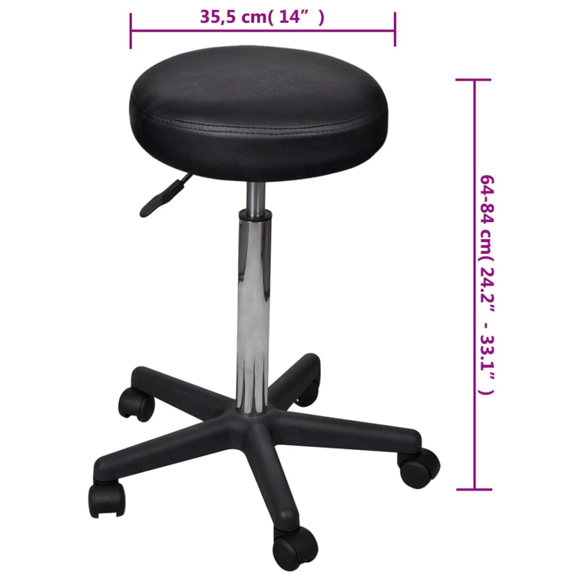 Schwarzer Rollhocker mit rundem Sitz und Fünf-Sterne-Fuß.