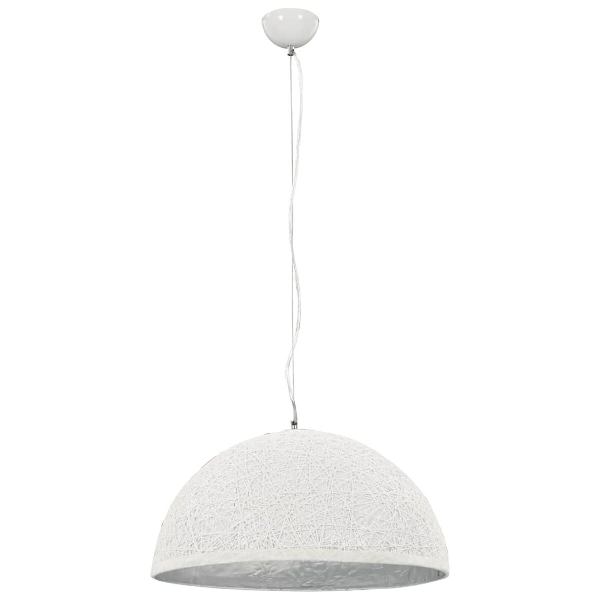 Weiße Pendelleuchte mit gewebtem Design. Die Lampe hängt an einem weißen Kabel, weißer Hintergrund.