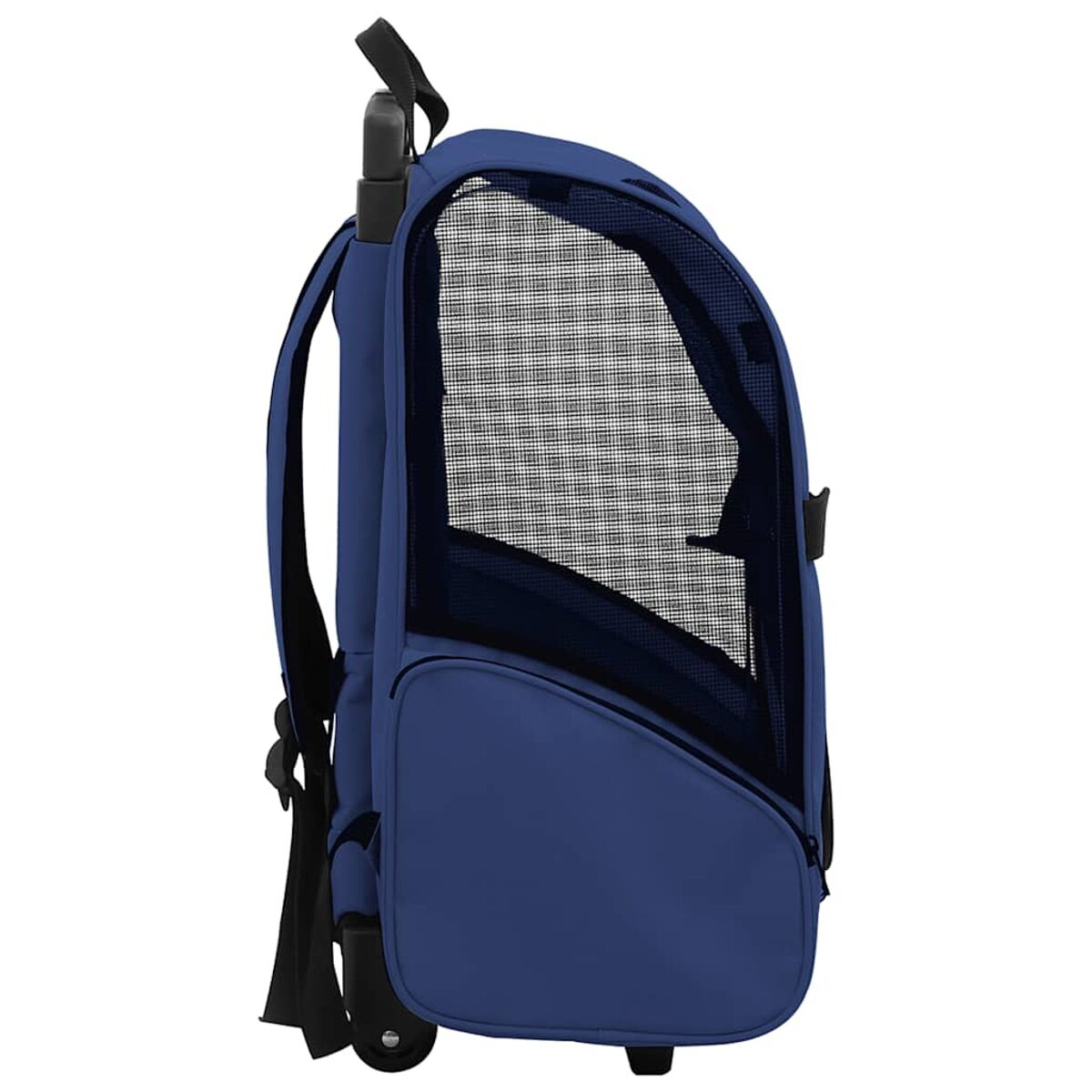 Ein blauer Haustier-Rucksack mit einem Netzfenster und einem Griff, auf weißem Hintergrund.