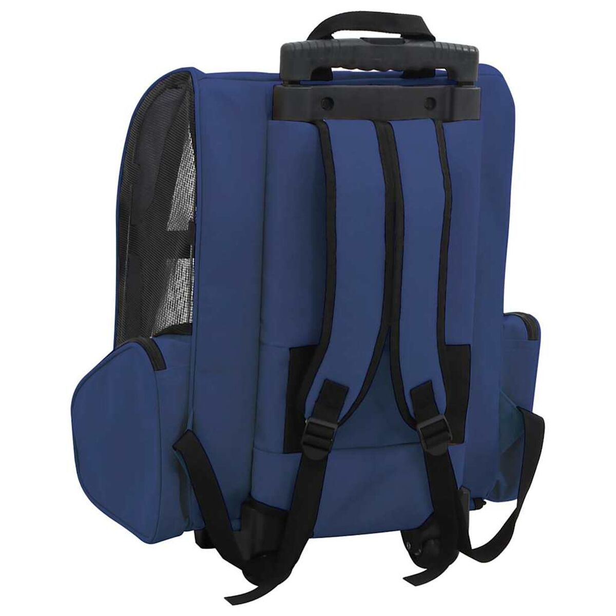Blauer Haustierrucksack mit schwarzen Gurten und einem Griff.