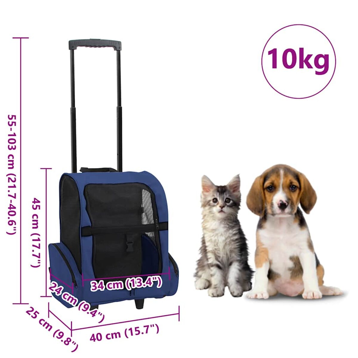 Ein blauer Haustierträger mit einer Katze, einem Beagle und Details zu Abmessungen/Gewicht auf weißem Hintergrund.