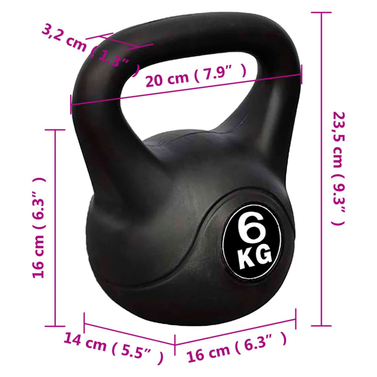 Eine schwarze Kettlebell mit weißem Etikett mit 6 kg und Abmessungen in cm und Zoll.