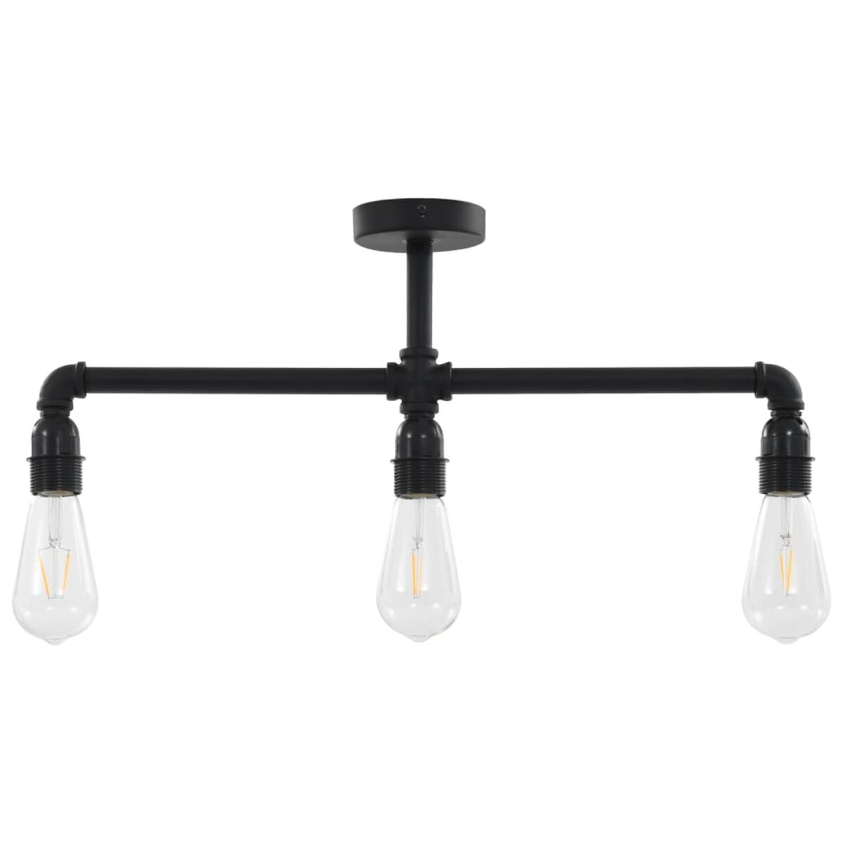 Schwarze Deckenleuchte im Industriestil mit drei freiliegenden Edison-Glühbirnen. Schwarze Rohre und Armaturen.