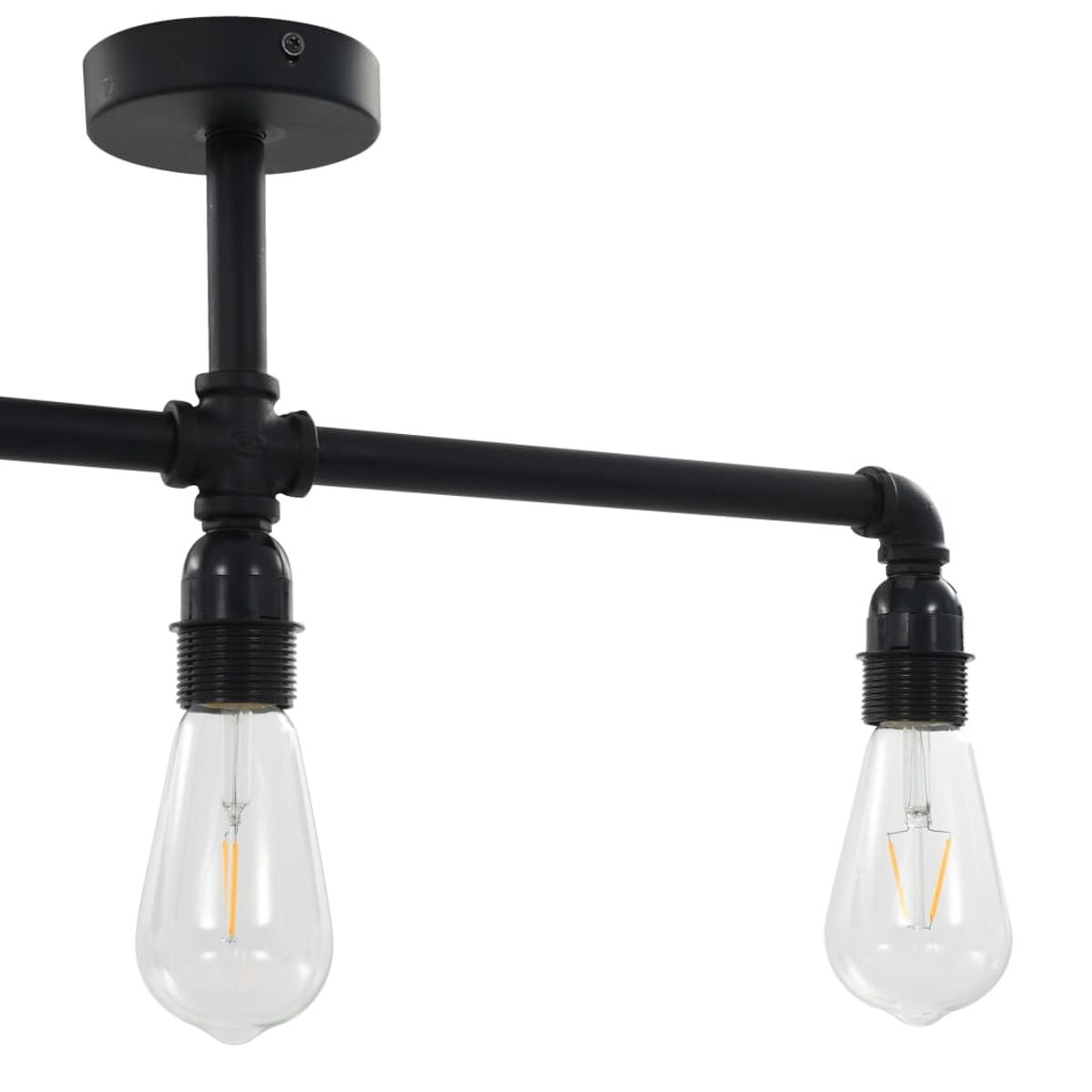 Schwarze Leuchte im Industriestil mit zwei sichtbaren Edison-Glühbirnen.