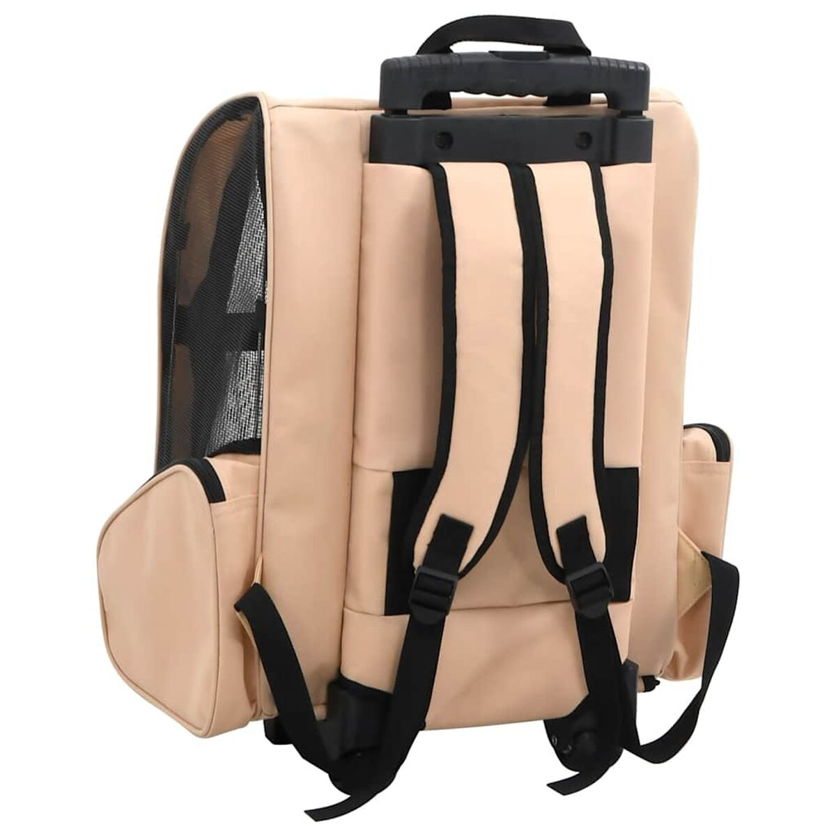 Ein hellbrauner Haustierrucksack mit schwarzen Riemen, einem Netzfenster und Rädern.