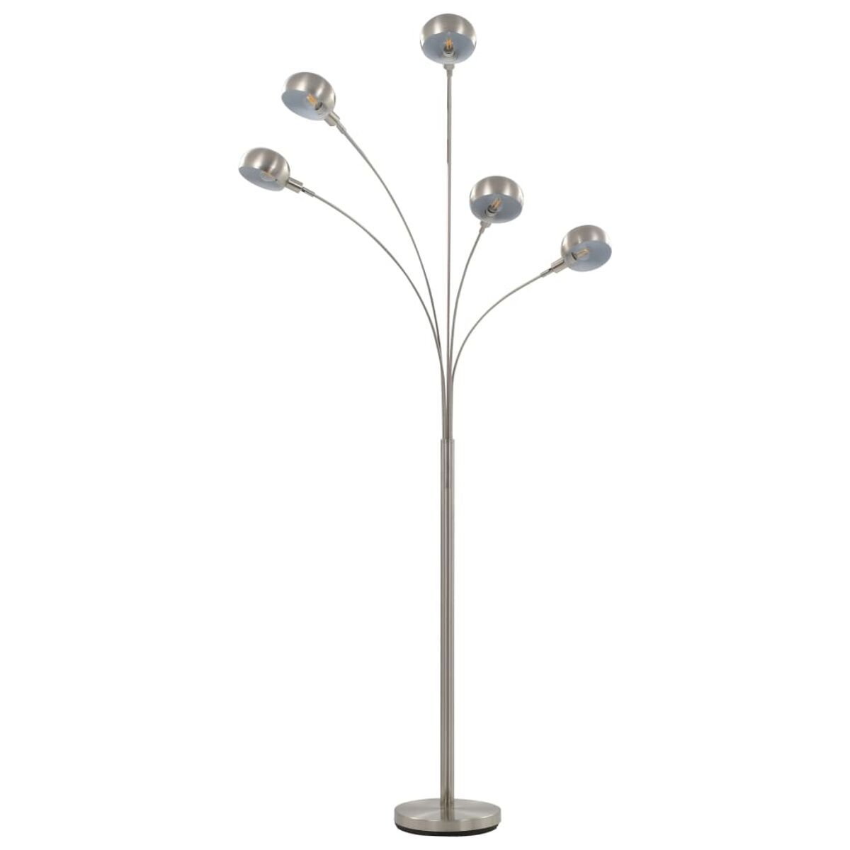 Eine silberne Stehlampe mit fünf verstellbaren Lichtern, die in einer geschwungenen, baumartigen Form angeordnet sind.
