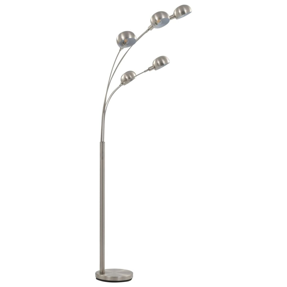 Silberfarbene Stehlampe mit vier Lichtern. Gebogenes Design, runder Fuß.