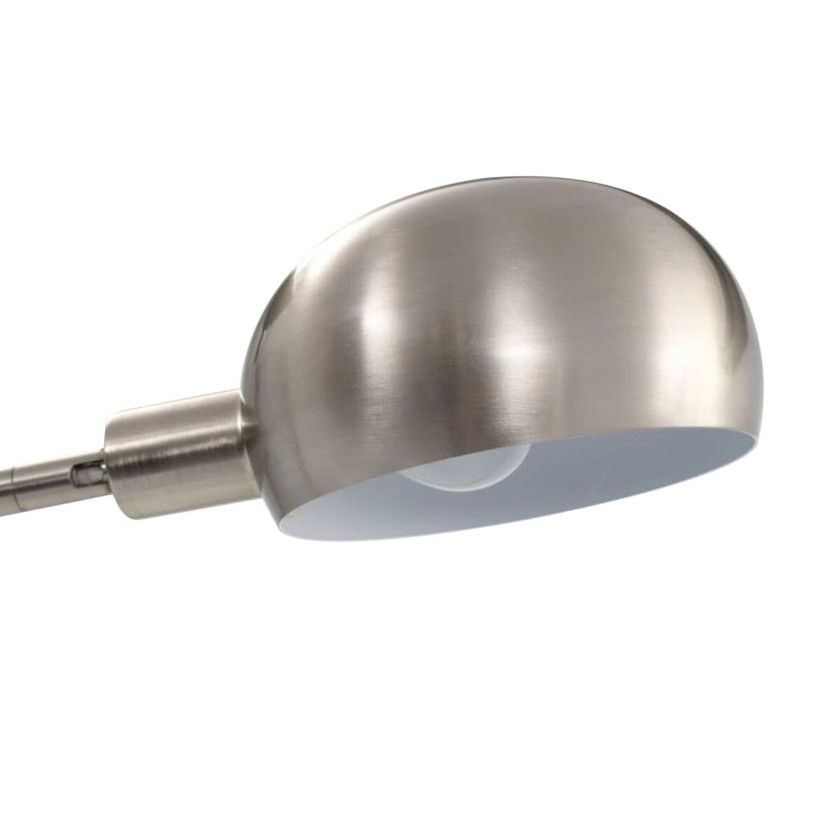 Silberne, verstellbare Schreibtischlampe mit gebogenem Kopf und weißem Innenraum.