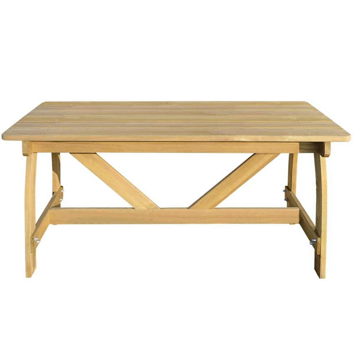 Ein rechteckiger Holztisch mit kreuzförmigem Untergestell.