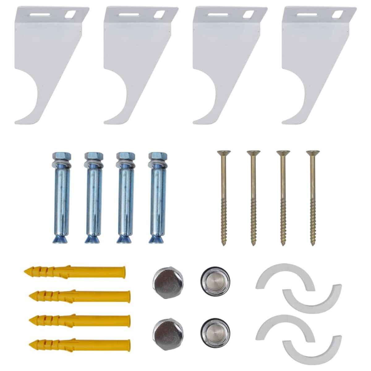 Kit hardware con staffe bianche, viti, bulloni e tasselli in plastica.