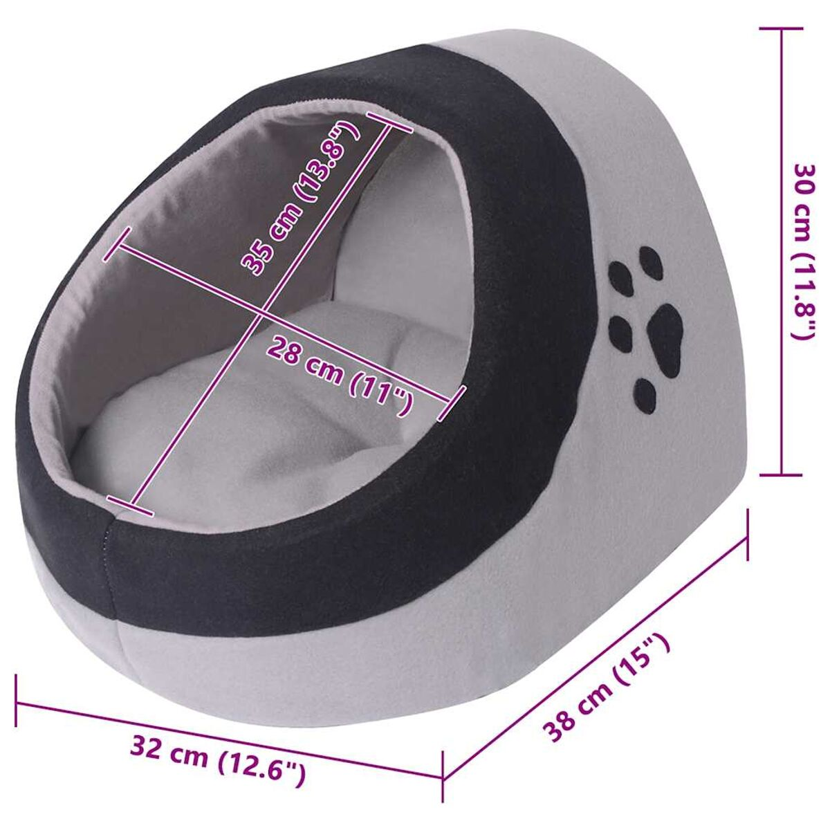 Ein Katzenbett, grau und schwarz. Es ist oval mit abgerundeter Oberseite und hat ein Pfotenabdruck-Design.
