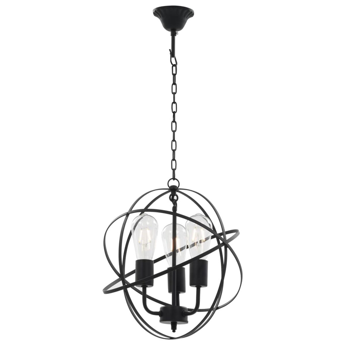 Eine schwarze Pendelleuchte mit drei freiliegenden Glühbirnen in einem kugelförmigen, geometrischen Rahmen.