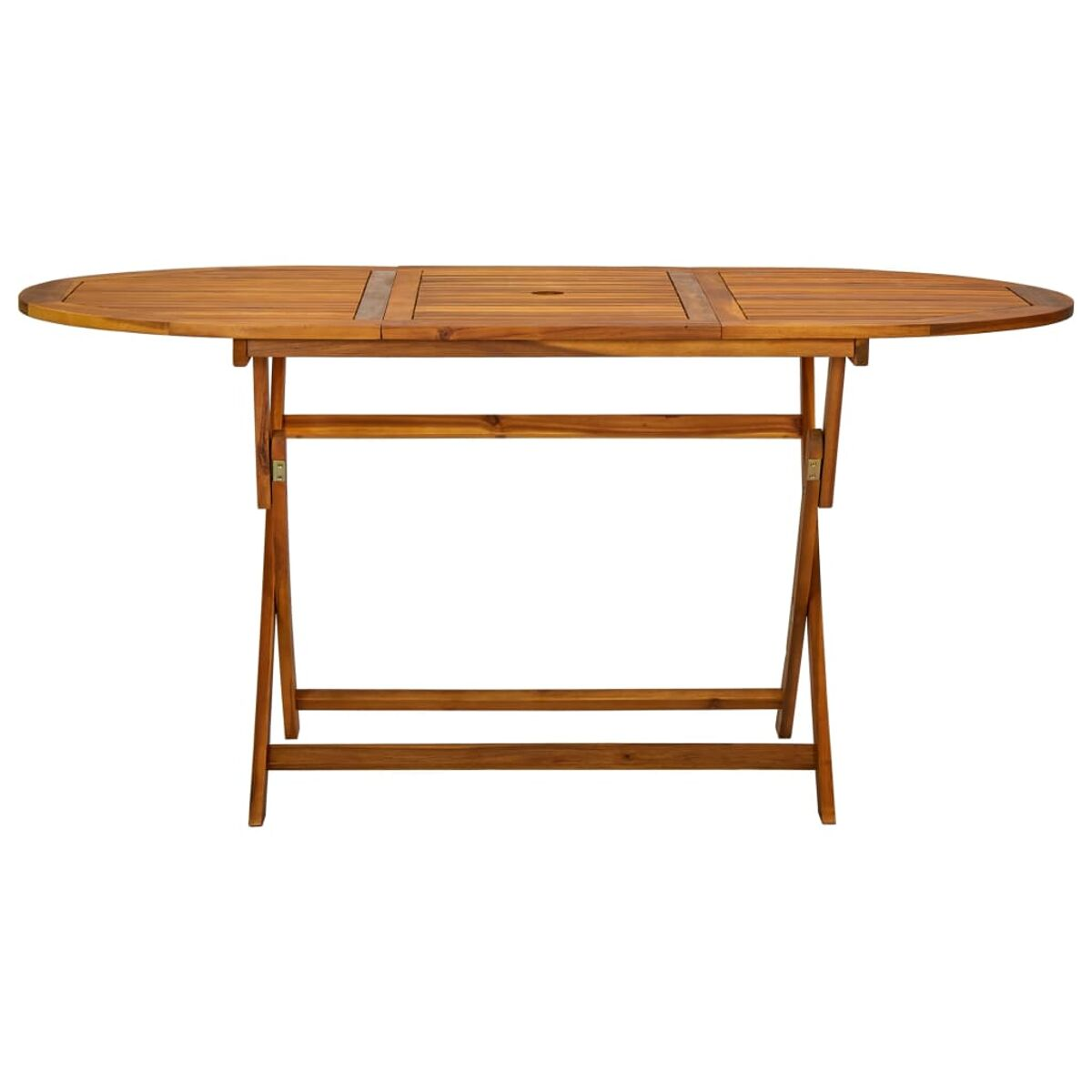 Ovaler Holztisch mit klappbaren Beinen. Offenes Design, braune Farbe.